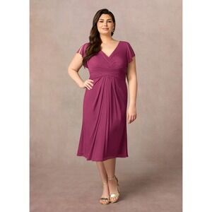 New Azazie Dress Vera Mulberry Tea Length V-Neck Size 18 Bridesmaid Mother Bride